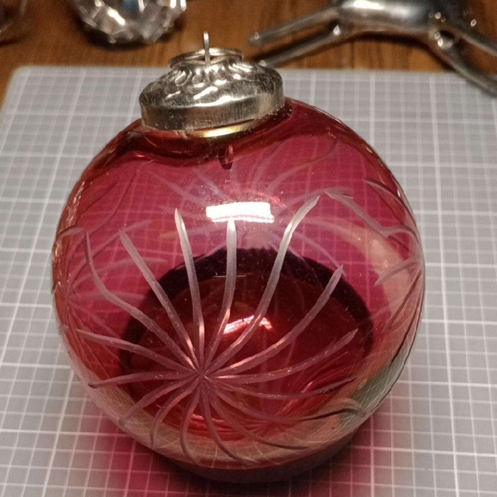 Red Large Glass Ornament with Etched Design